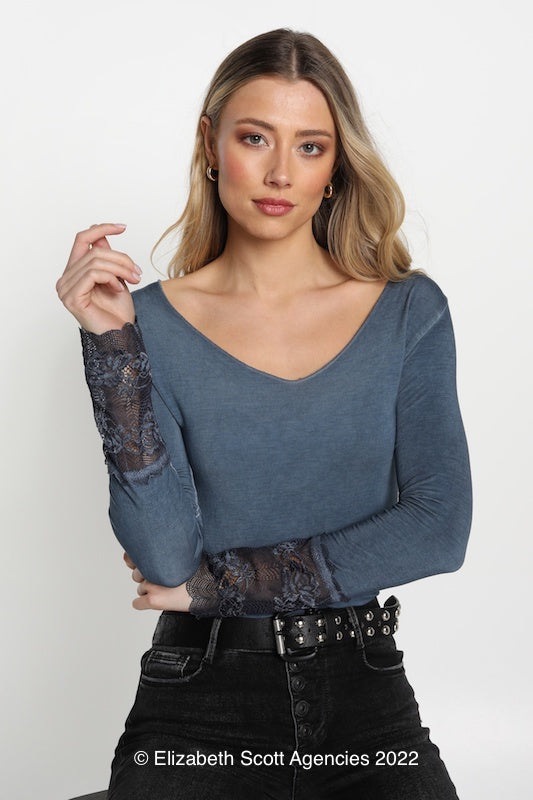 Long Sleeve T with French Lace Trim