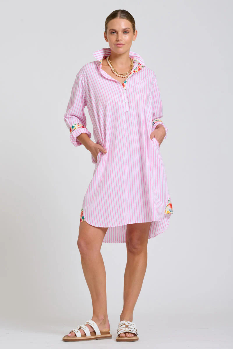 The Popover Shirtdress - White with Pink Stripe Floral Trim
