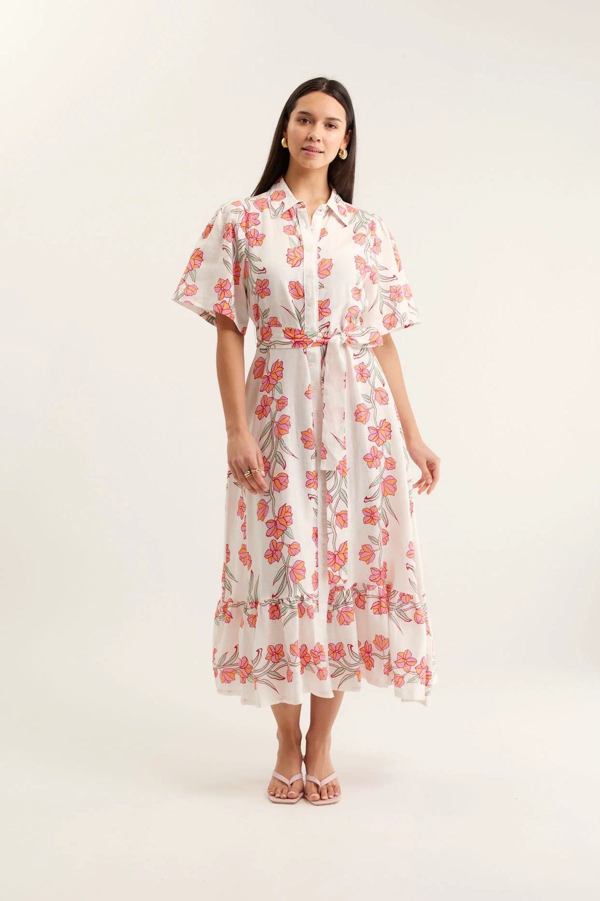 Emma Linen Dress in Pink Vine Print