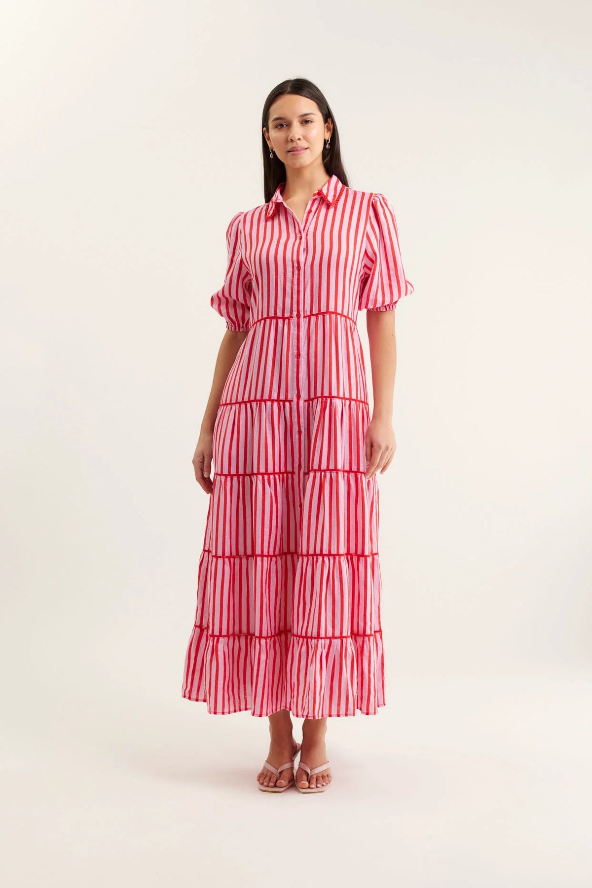 Marlow Breton Linen Dress in Pink/Red