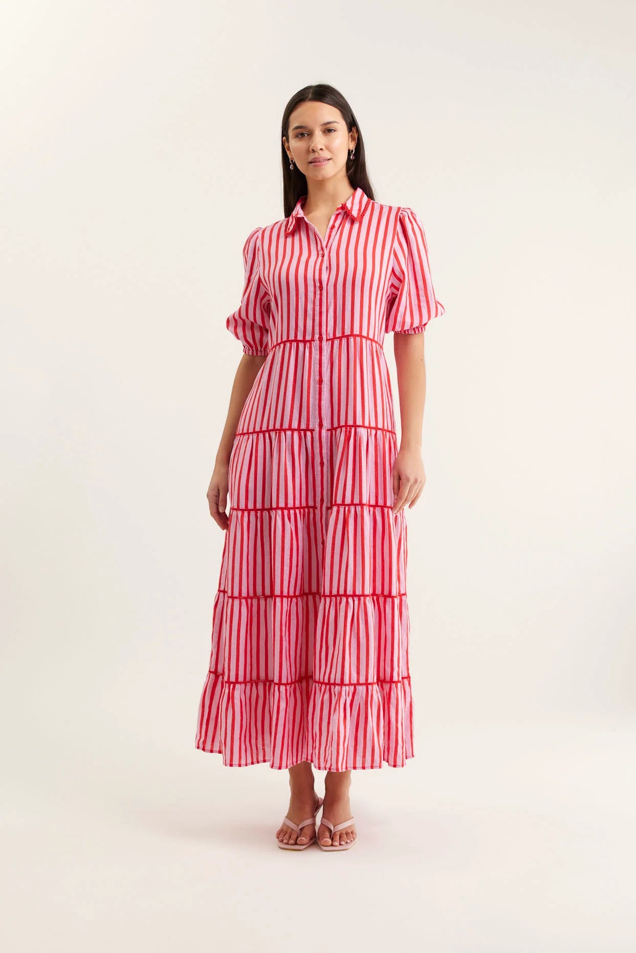 Marlow Breton Linen Dress in Pink/Red