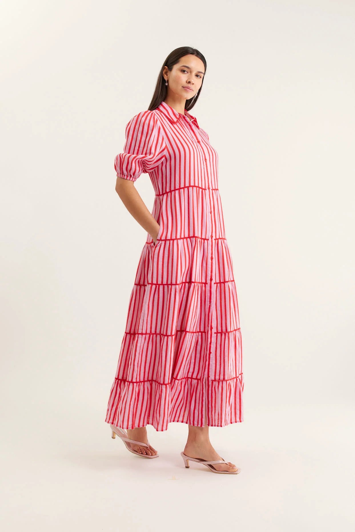 Marlow Breton Linen Dress in Pink/Red