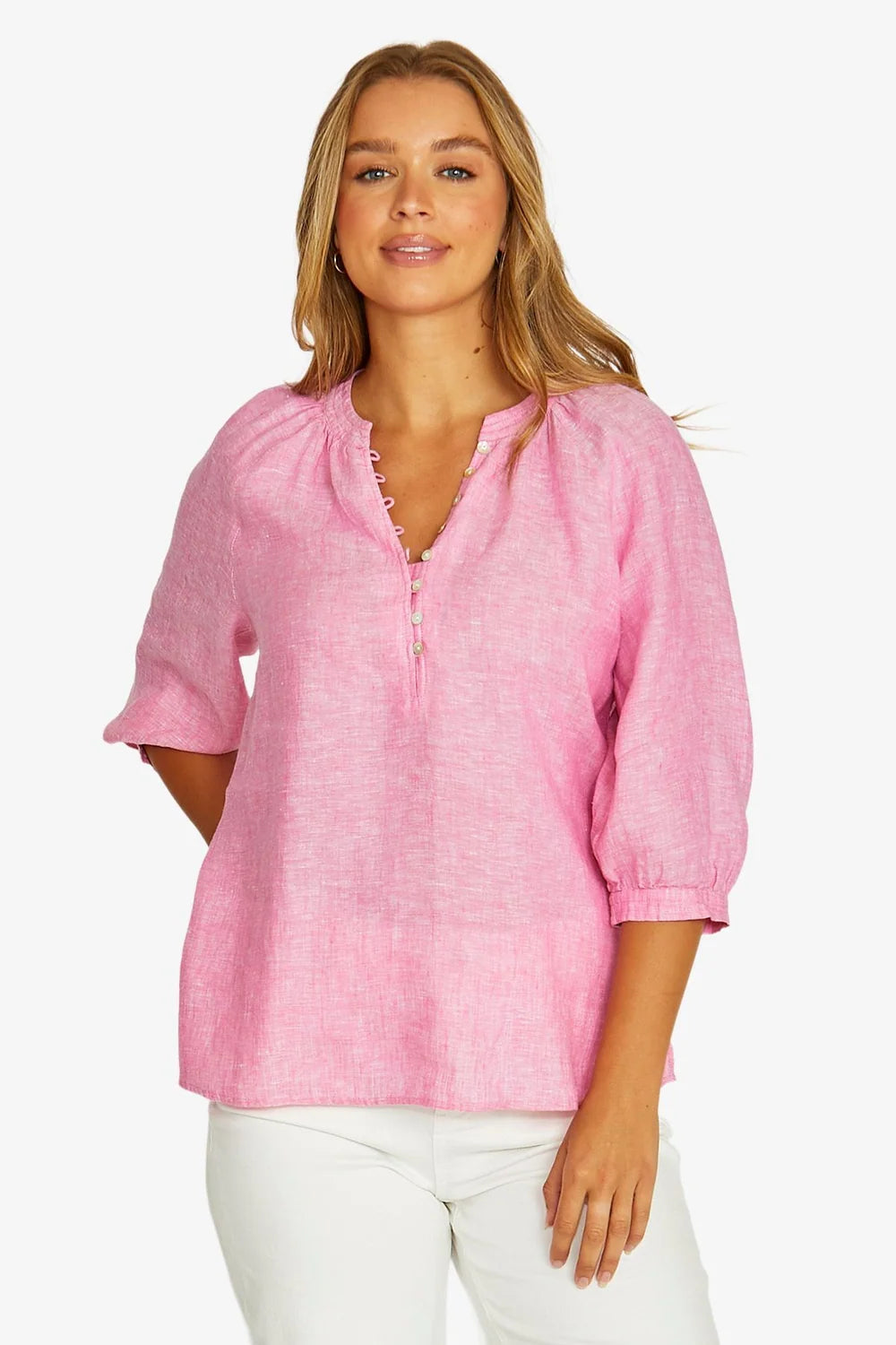 Raglan Button Neck Top - Hibiscus