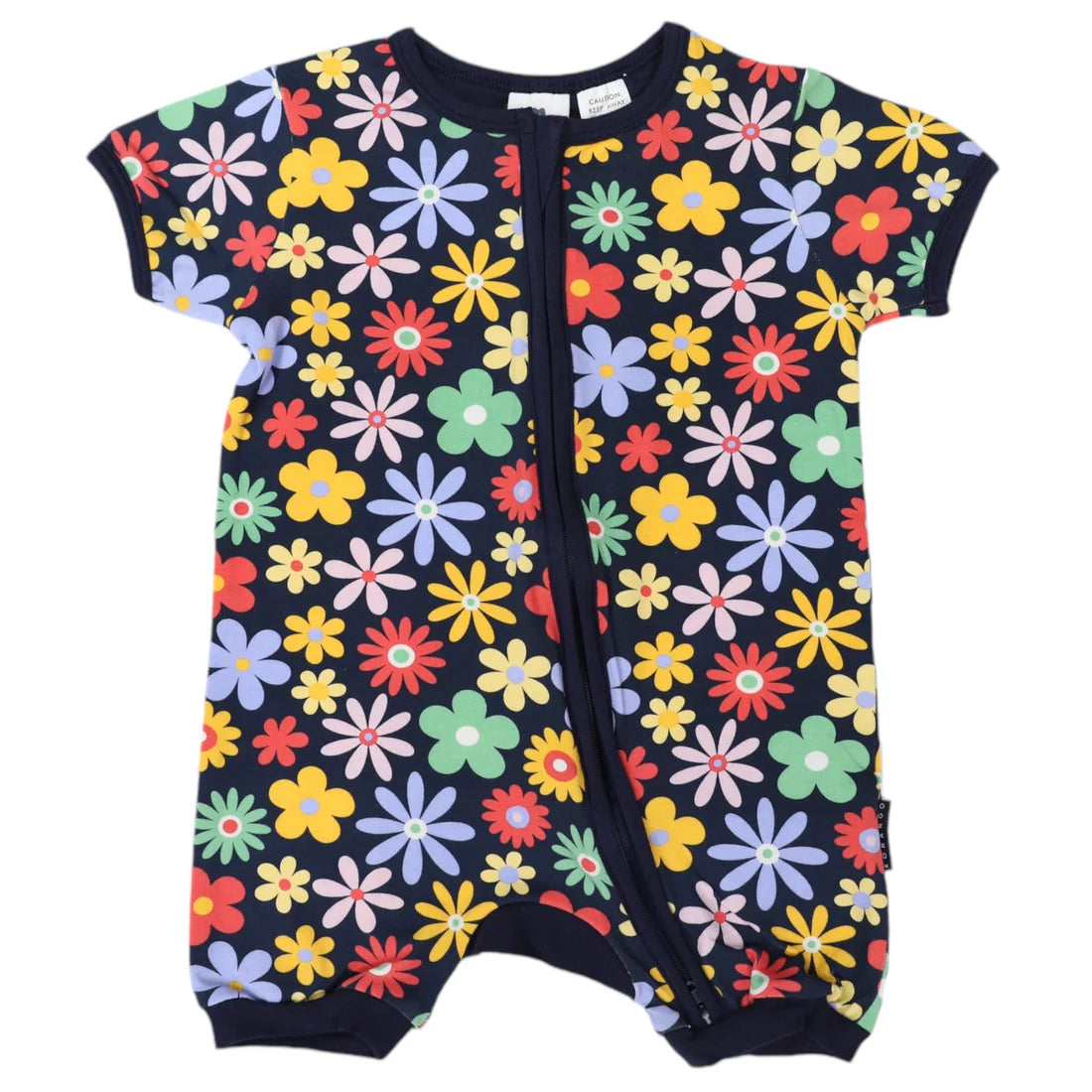Flower Print Short Sleeve Zip Romper - Navy