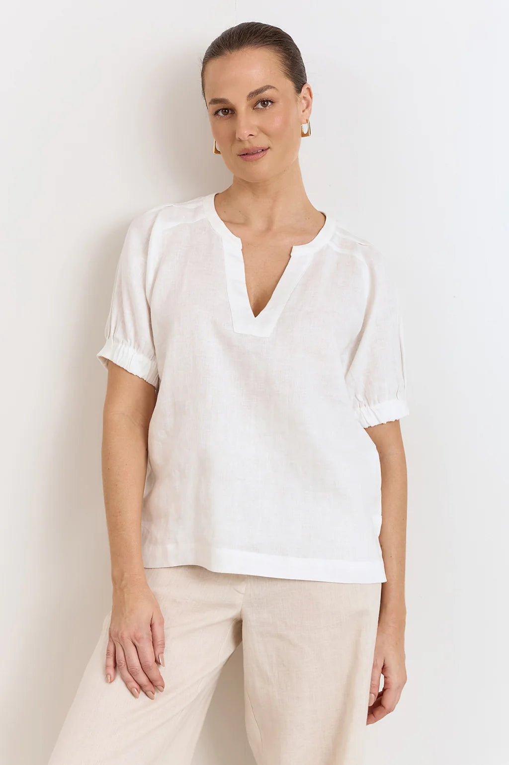 Harrie Pleated Linen Top - White