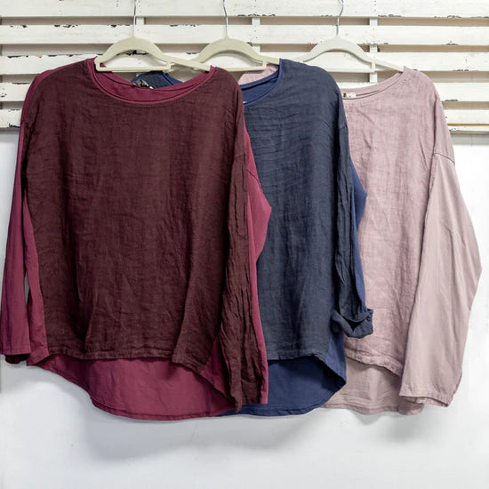 Cotton Back/Linen Front Top Round Neck