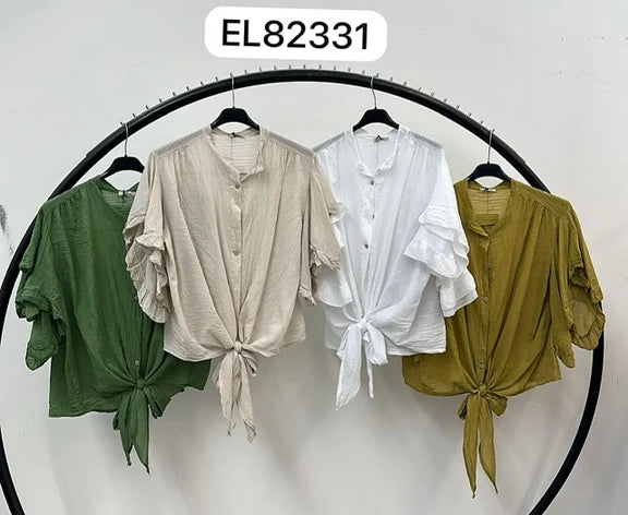 Cotton Bat Wing Top with Tie-Up Front