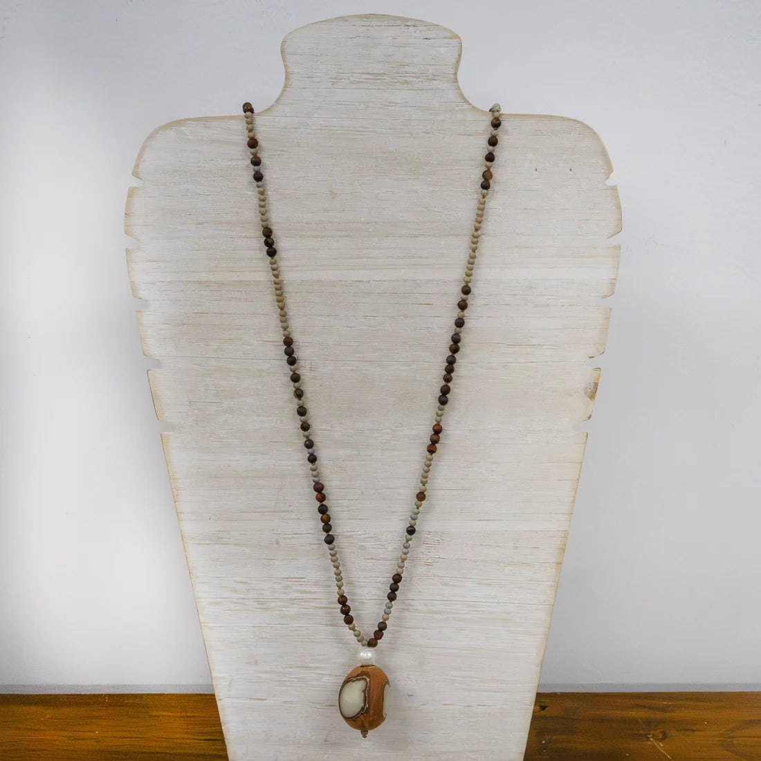 Coffee &amp; Wood Stone Necklace with Charm