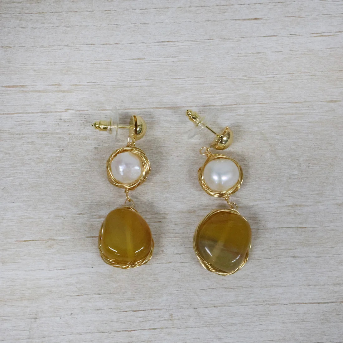 Gold Pearl &amp; Tiger Eye Earrings