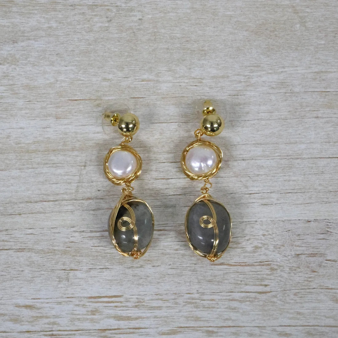 Natural Stone with Pearl Gold Detail Earrings