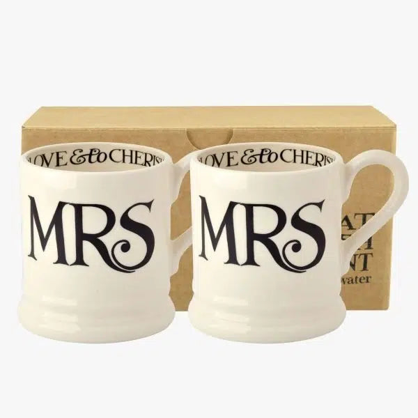 Emma Bridgewater - Black Toast Mrs & Mrs 2 x 1/2 Pint Mugs Boxed