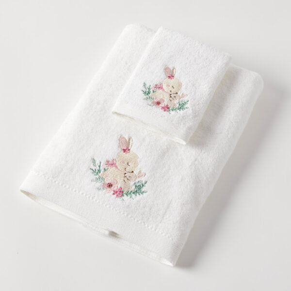 Pink Bunny Bath Towel &amp; Face Washer in Organza Bag