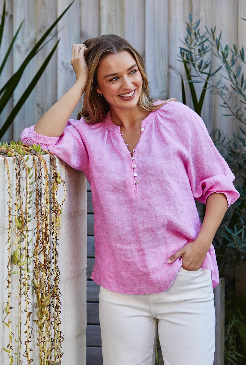Raglan Button Neck Top - Hibiscus