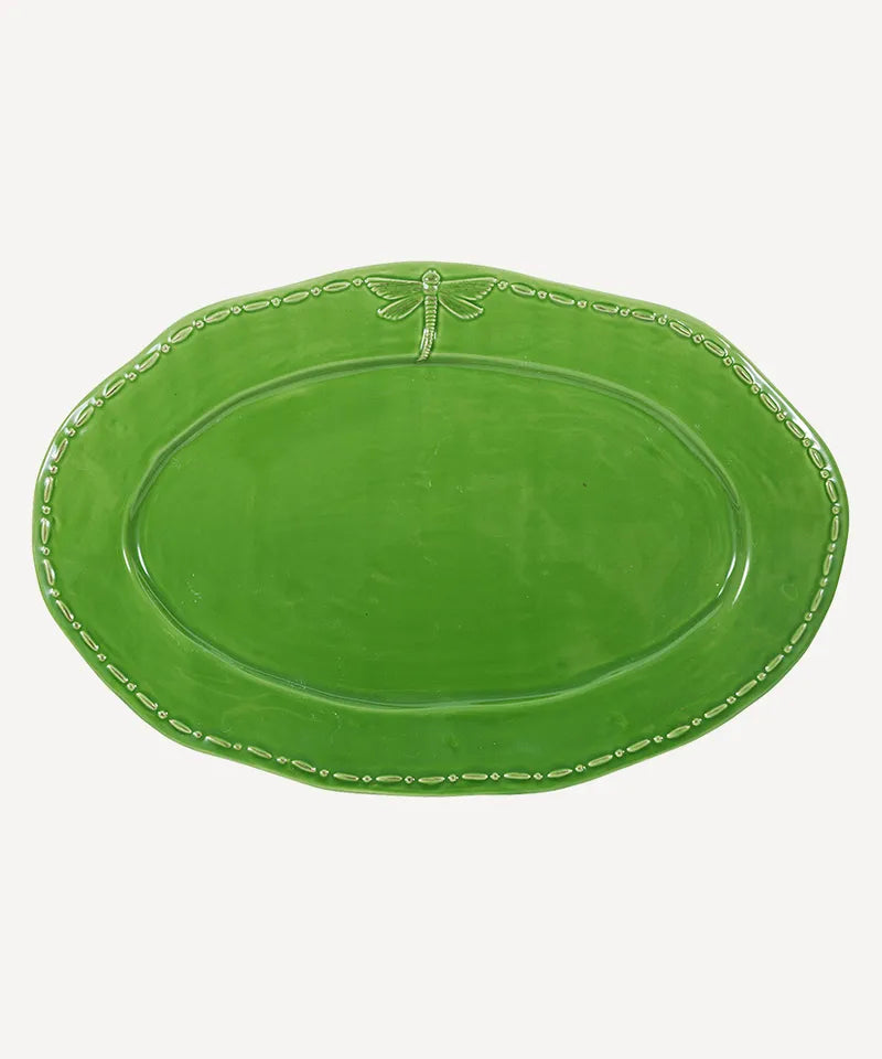 Dragonfly Stoneware White Oval Platter Green