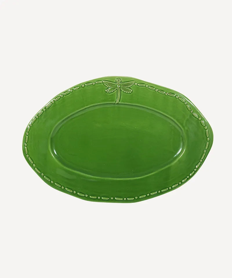 Dragonfly Stoneware White Oval Platter Green