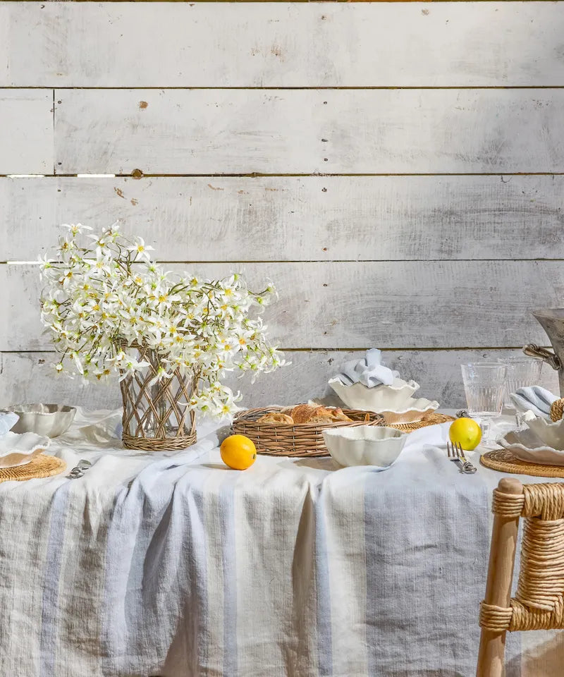 Striped Linen Tablecloth Pale Blue