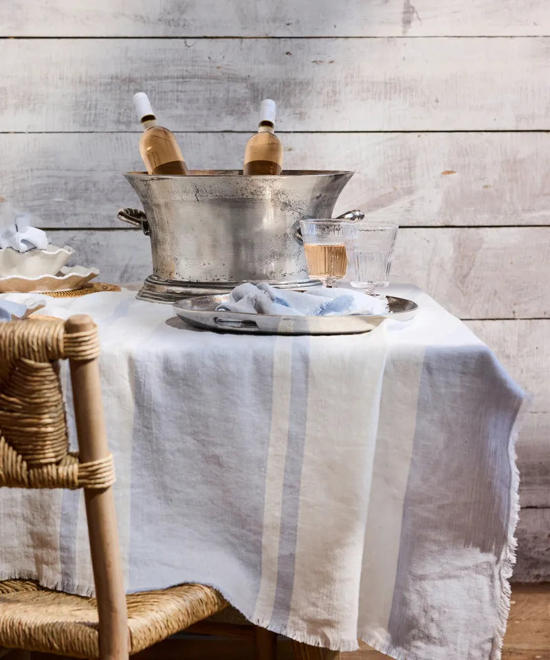 Striped Linen Tablecloth Pale Blue