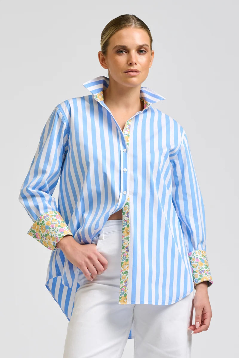 Elodie - Pale Blue Stripe with Floral Trim