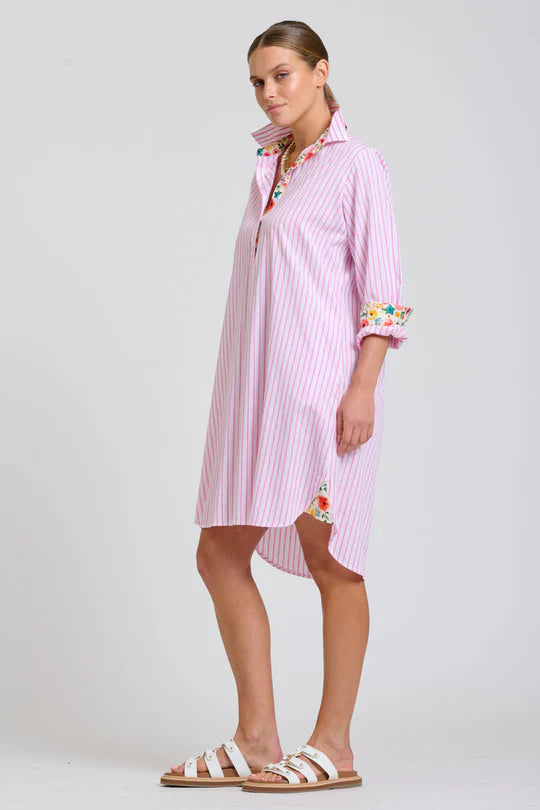 The Popover Shirtdress - White with Pink Stripe Floral Trim