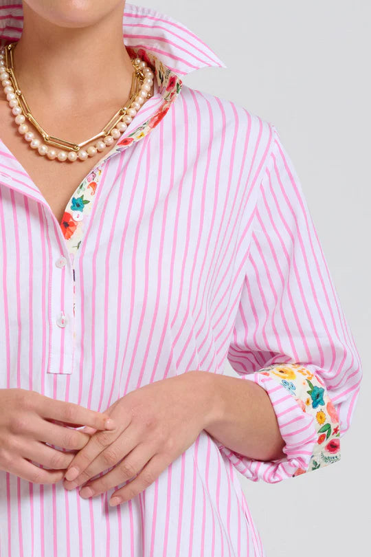The Popover Shirtdress - White with Pink Stripe Floral Trim