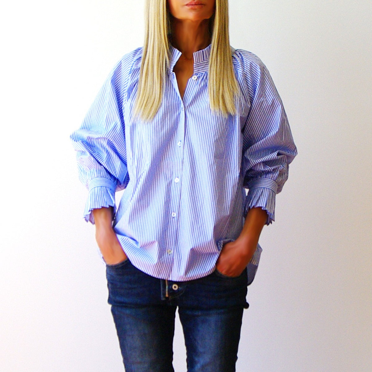 Olive Shirt - Stripe Azure &amp; White