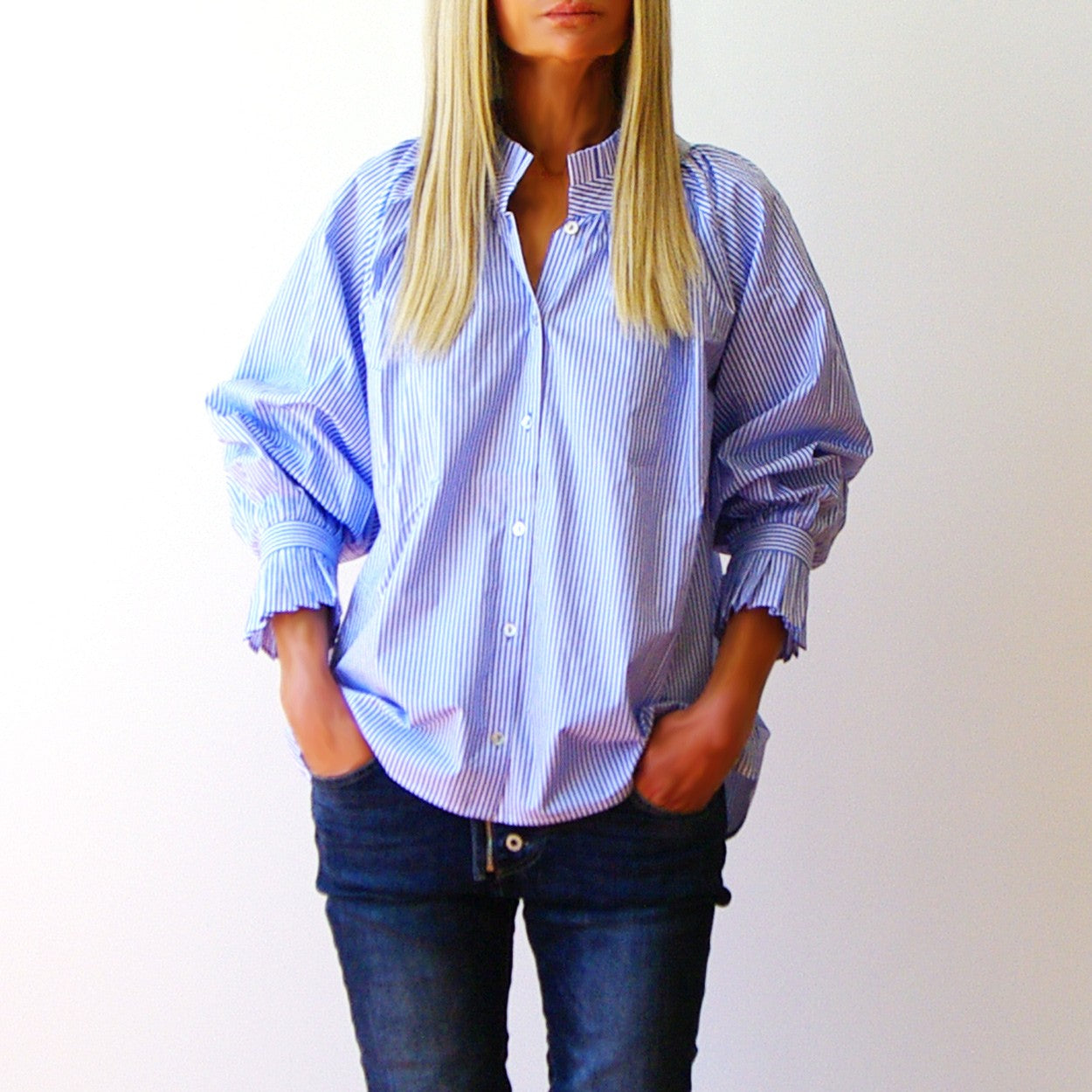 Olive Shirt - Stripe Azure & White
