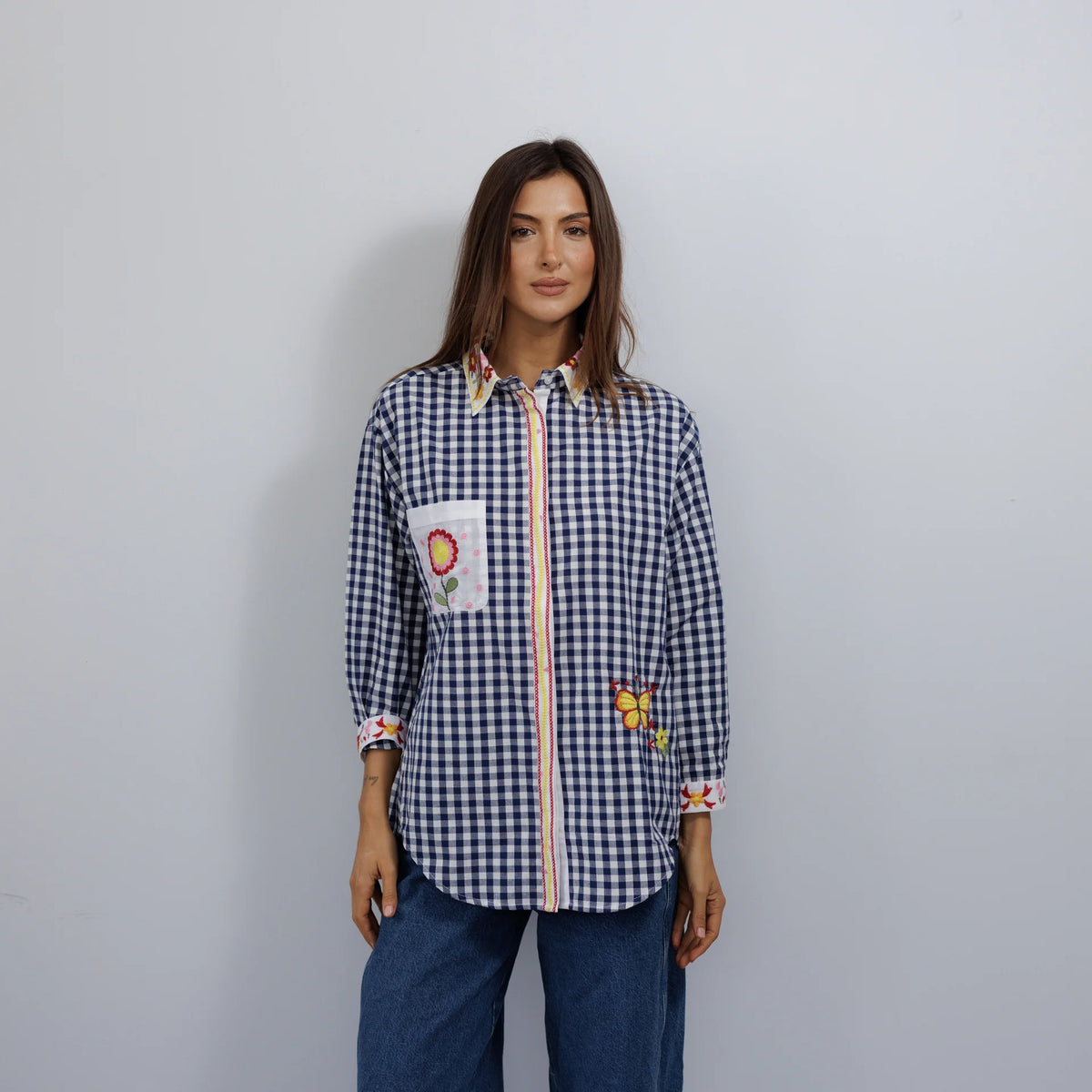 Shirt - Navy Check with Floral Pocket